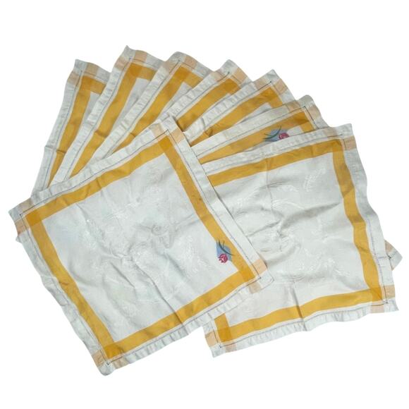 Vintage Set 8 Linen Napkins Cream w/ Yellow Boarder Embroidered Red Rose 14x13 - Picture 1 of 12